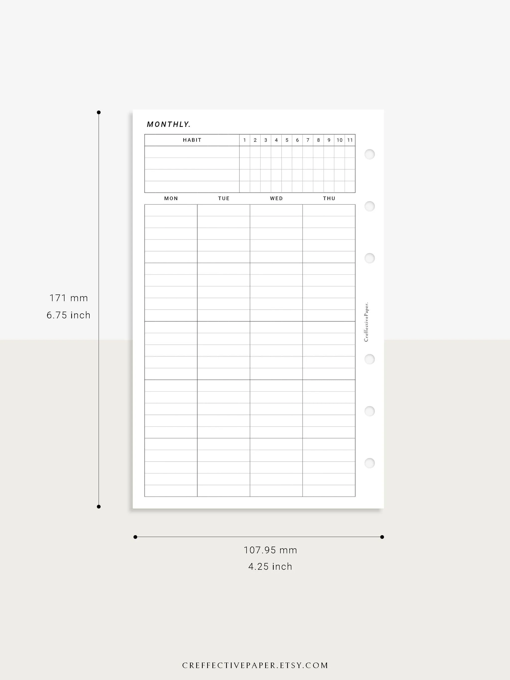 M106_L | Monthly Planner with 31 Days Habit Tracker Printable Inserts