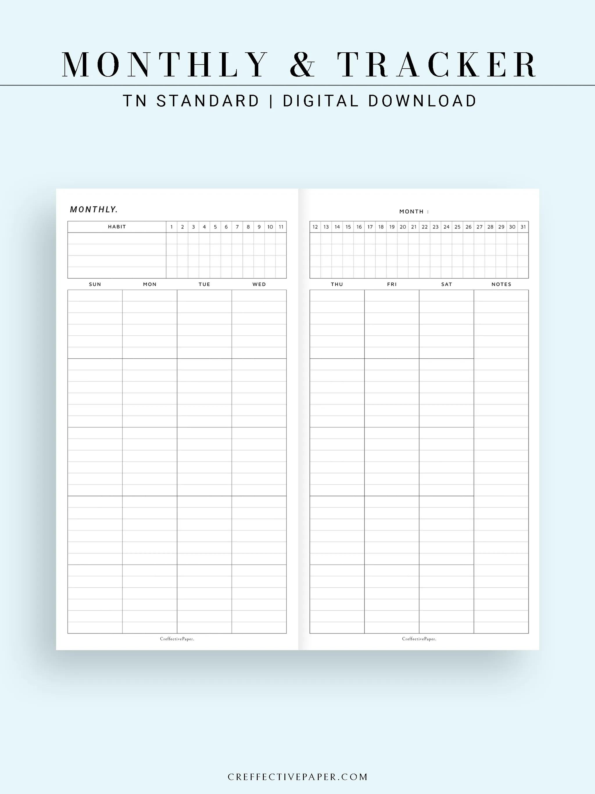 M106_L | Monthly Planner with 31 Days Habit Tracker Printable Inserts