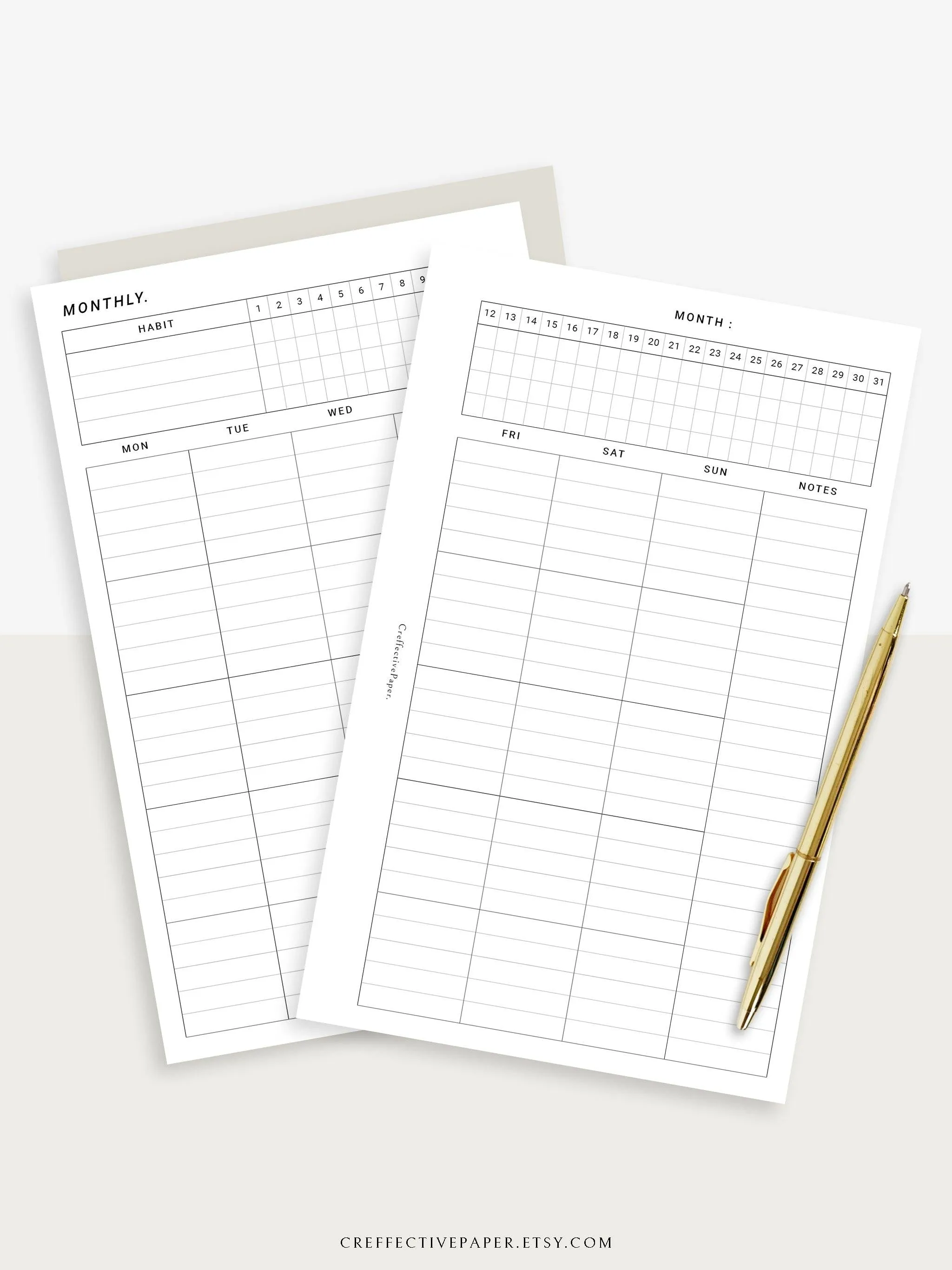 M106_L | Monthly Planner with 31 Days Habit Tracker Printable Inserts