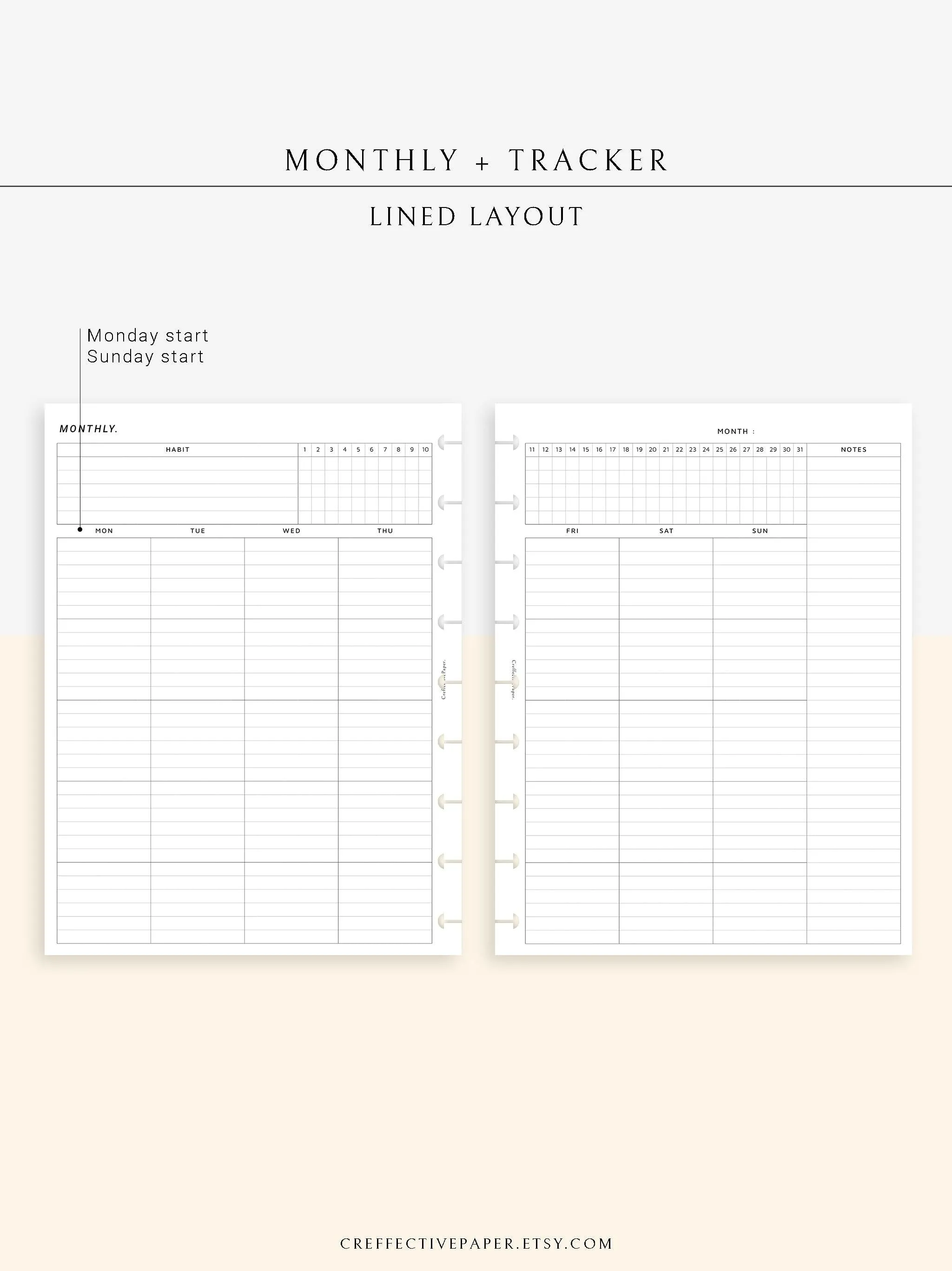 M106_L | Monthly Planner with 31 Days Habit Tracker Printable Inserts