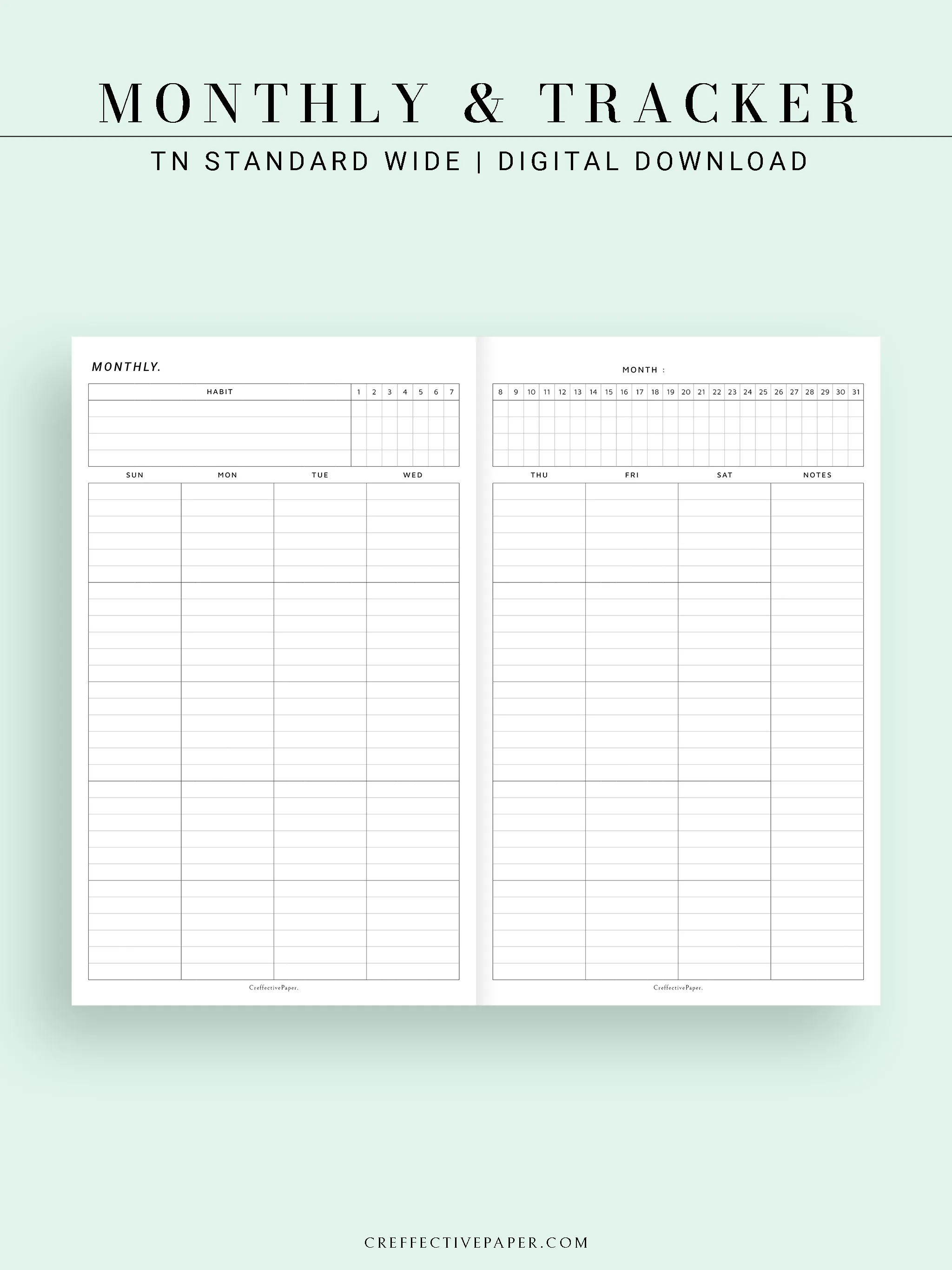 M106_L | Monthly Planner with 31 Days Habit Tracker Printable Inserts