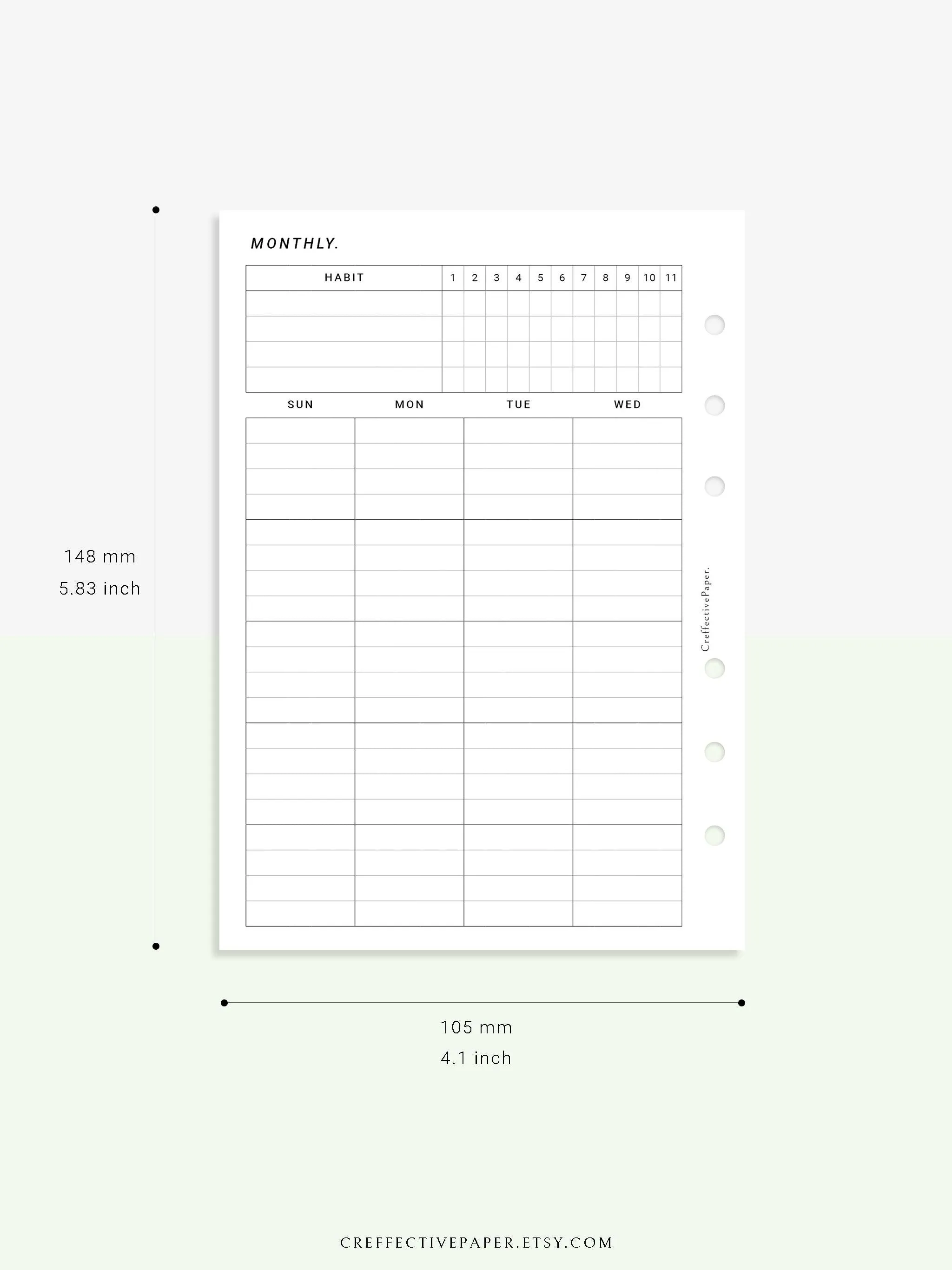 M106_L | Monthly Planner with 31 Days Habit Tracker Printable Inserts