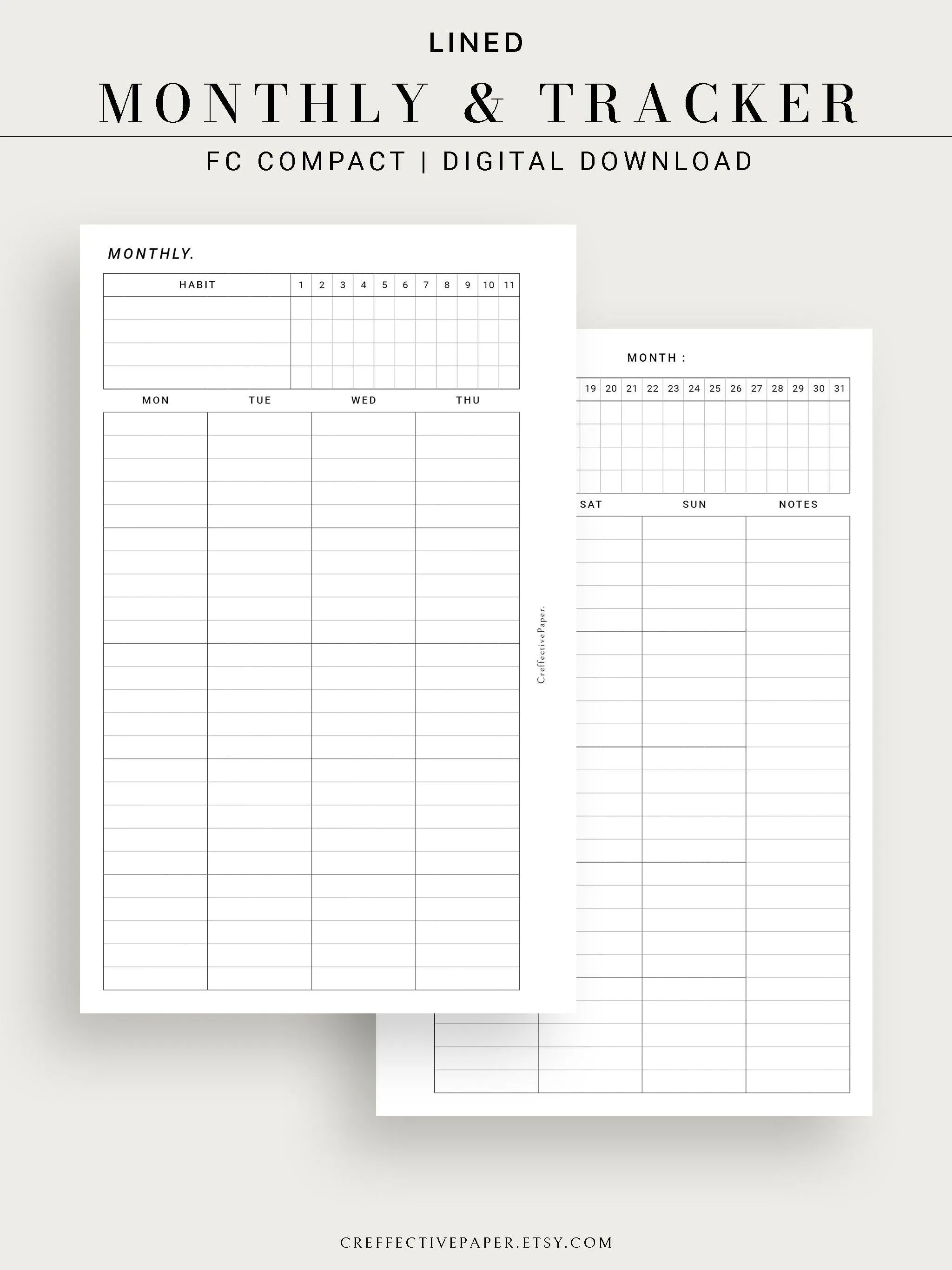 M106_L | Monthly Planner with 31 Days Habit Tracker Printable Inserts