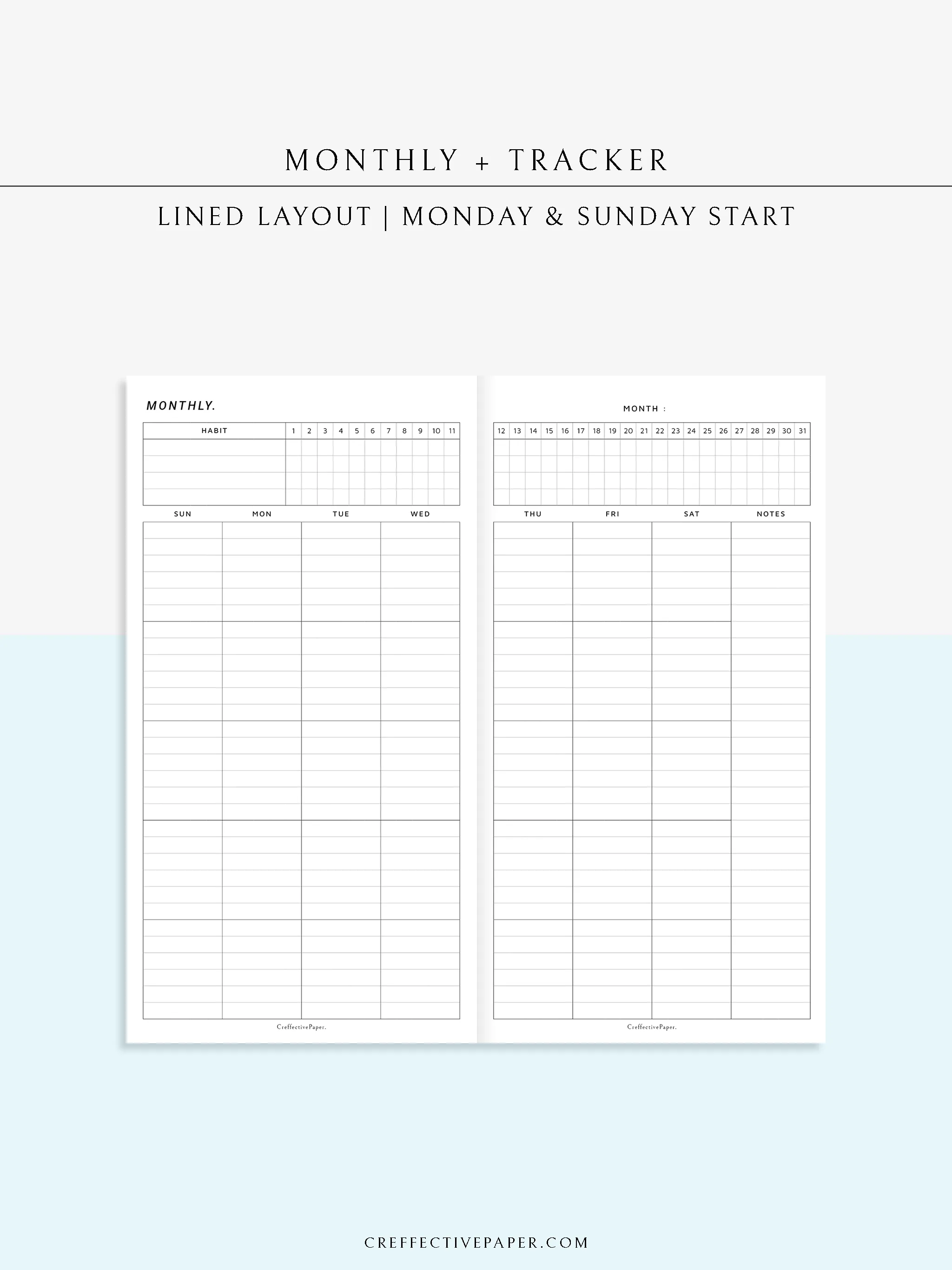 M106_L | Monthly Planner with 31 Days Habit Tracker Printable Inserts