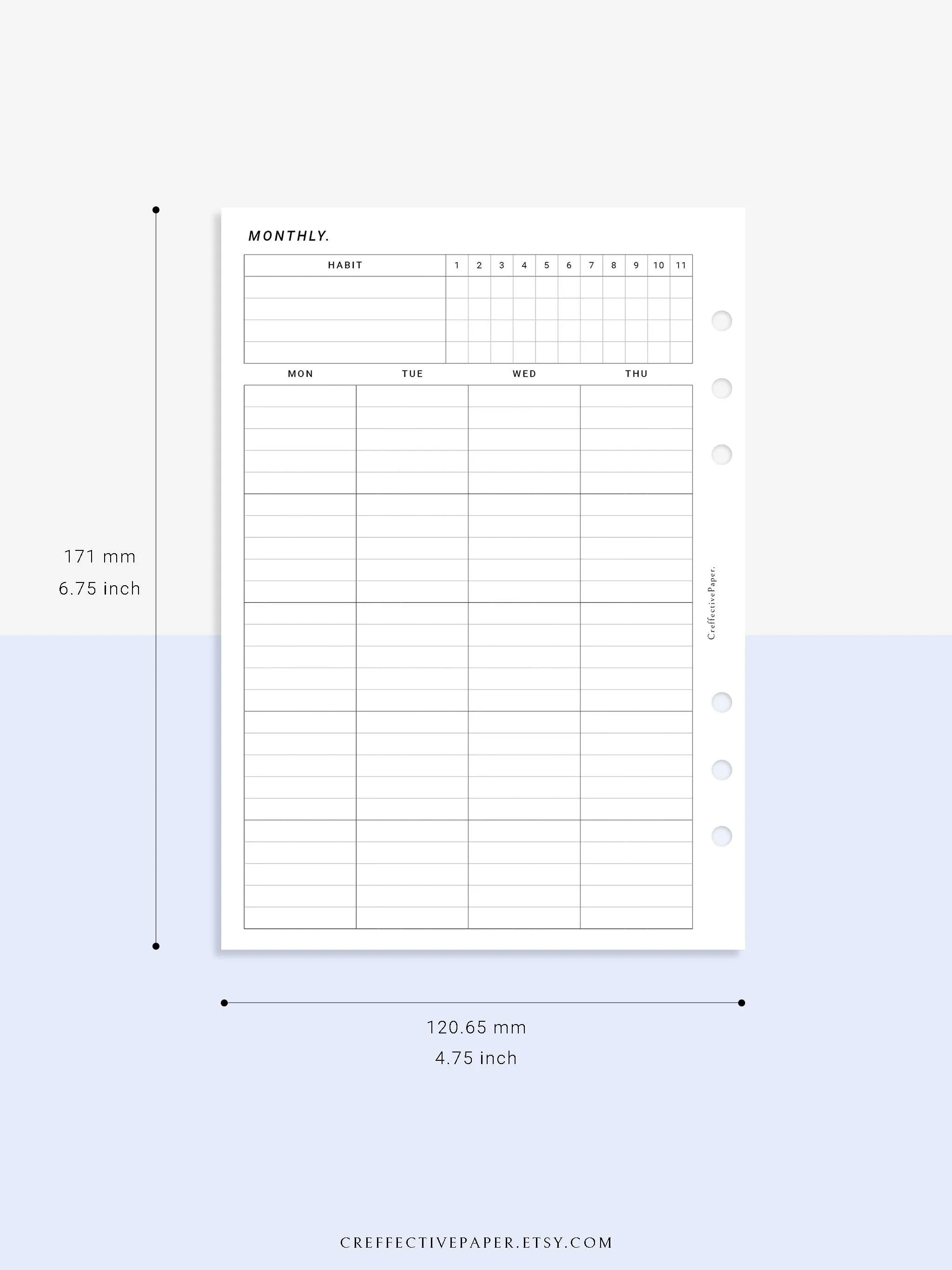 M106_L | Monthly Planner with 31 Days Habit Tracker Printable Inserts