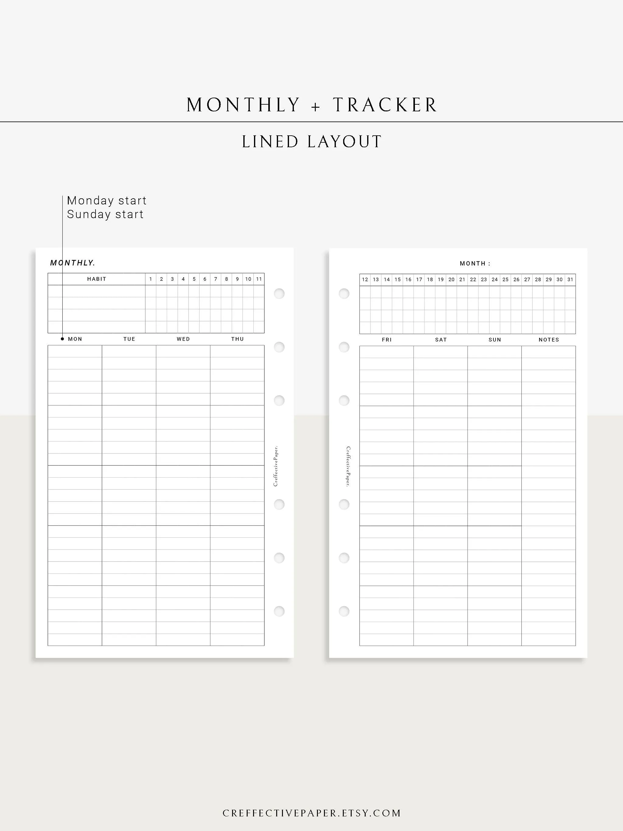 M106_L | Monthly Planner with 31 Days Habit Tracker Printable Inserts