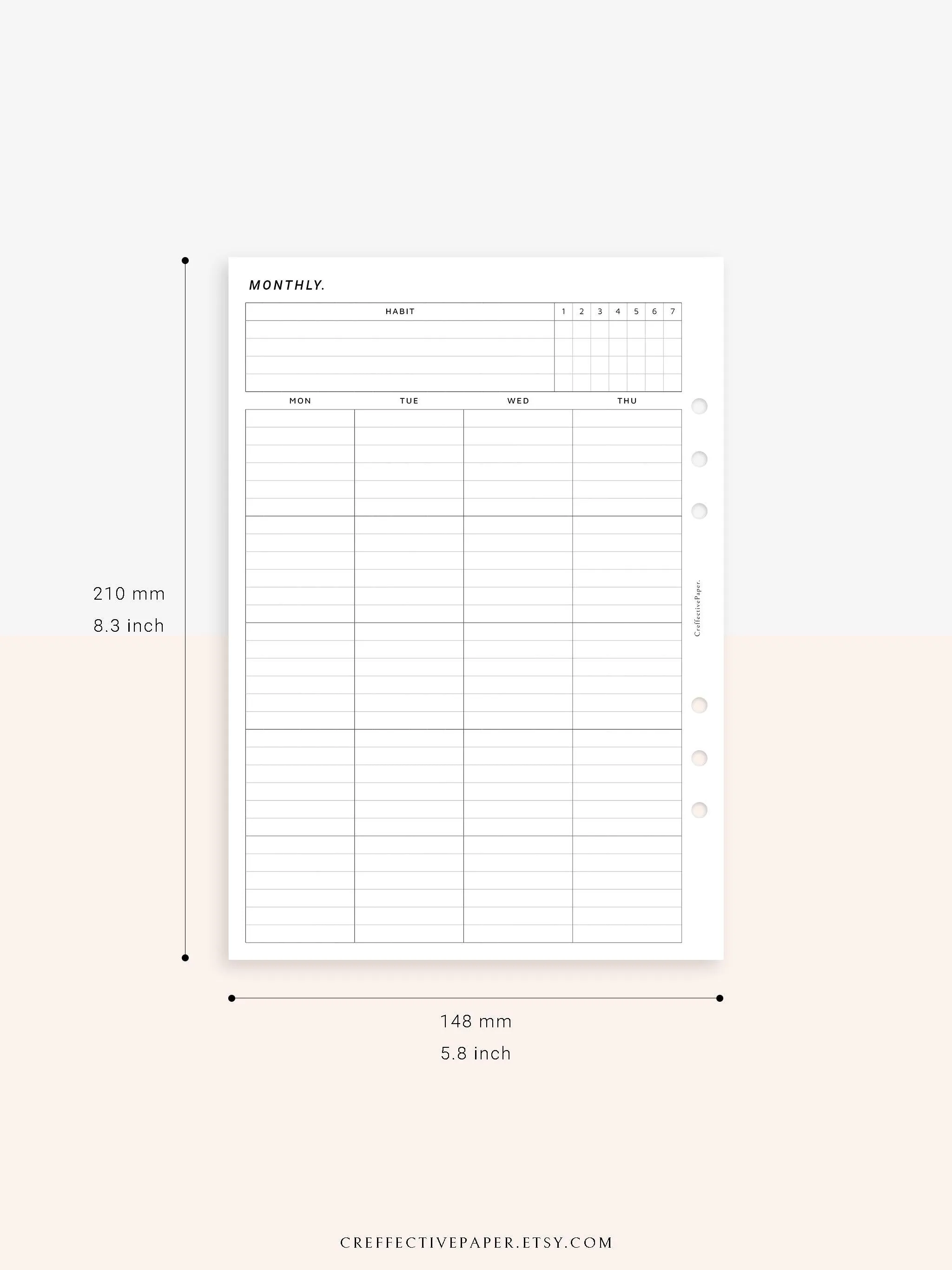 M106_L | Monthly Planner with 31 Days Habit Tracker Printable Inserts