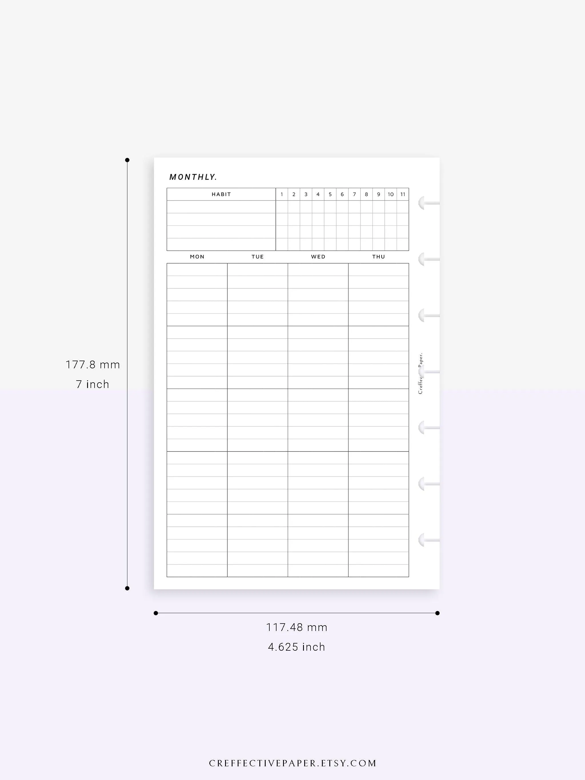 M106_L | Monthly Planner with 31 Days Habit Tracker Printable Inserts