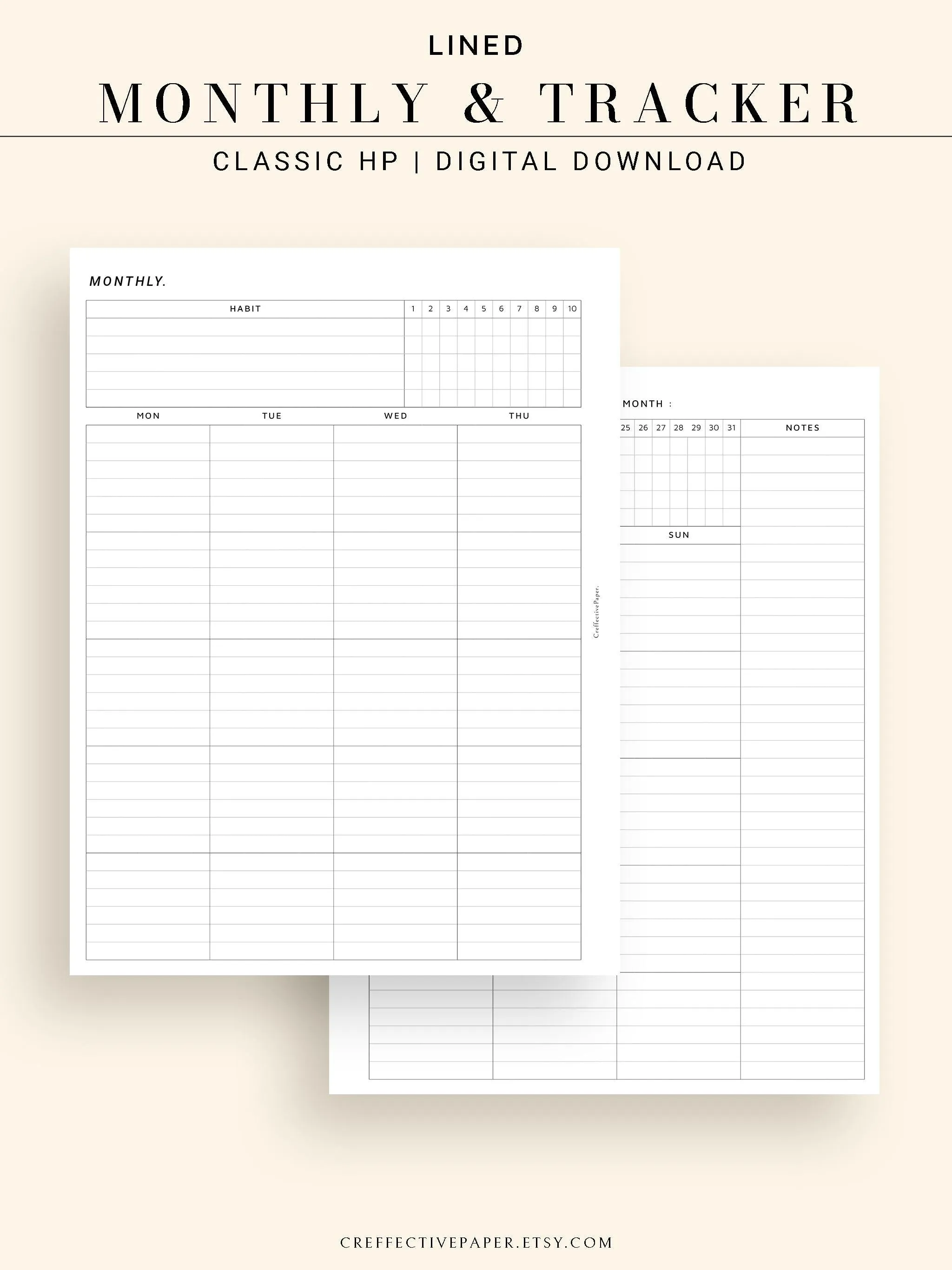 M106_L | Monthly Planner with 31 Days Habit Tracker Printable Inserts