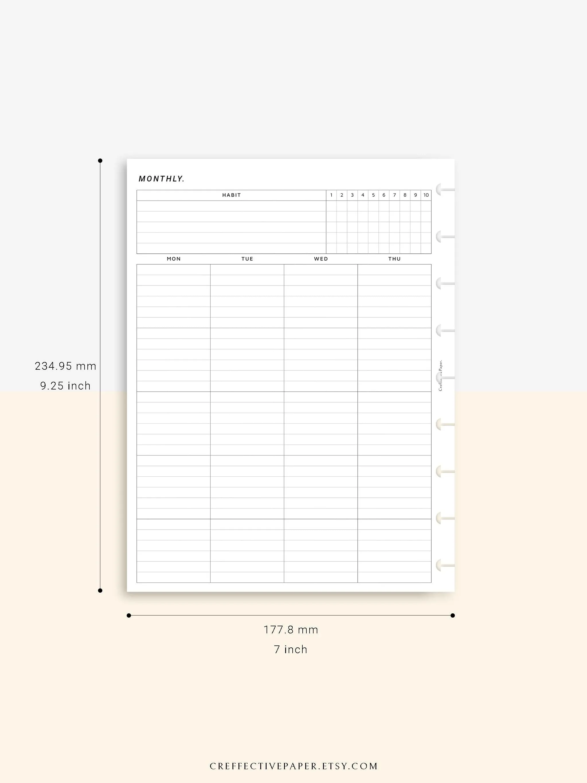 M106_L | Monthly Planner with 31 Days Habit Tracker Printable Inserts