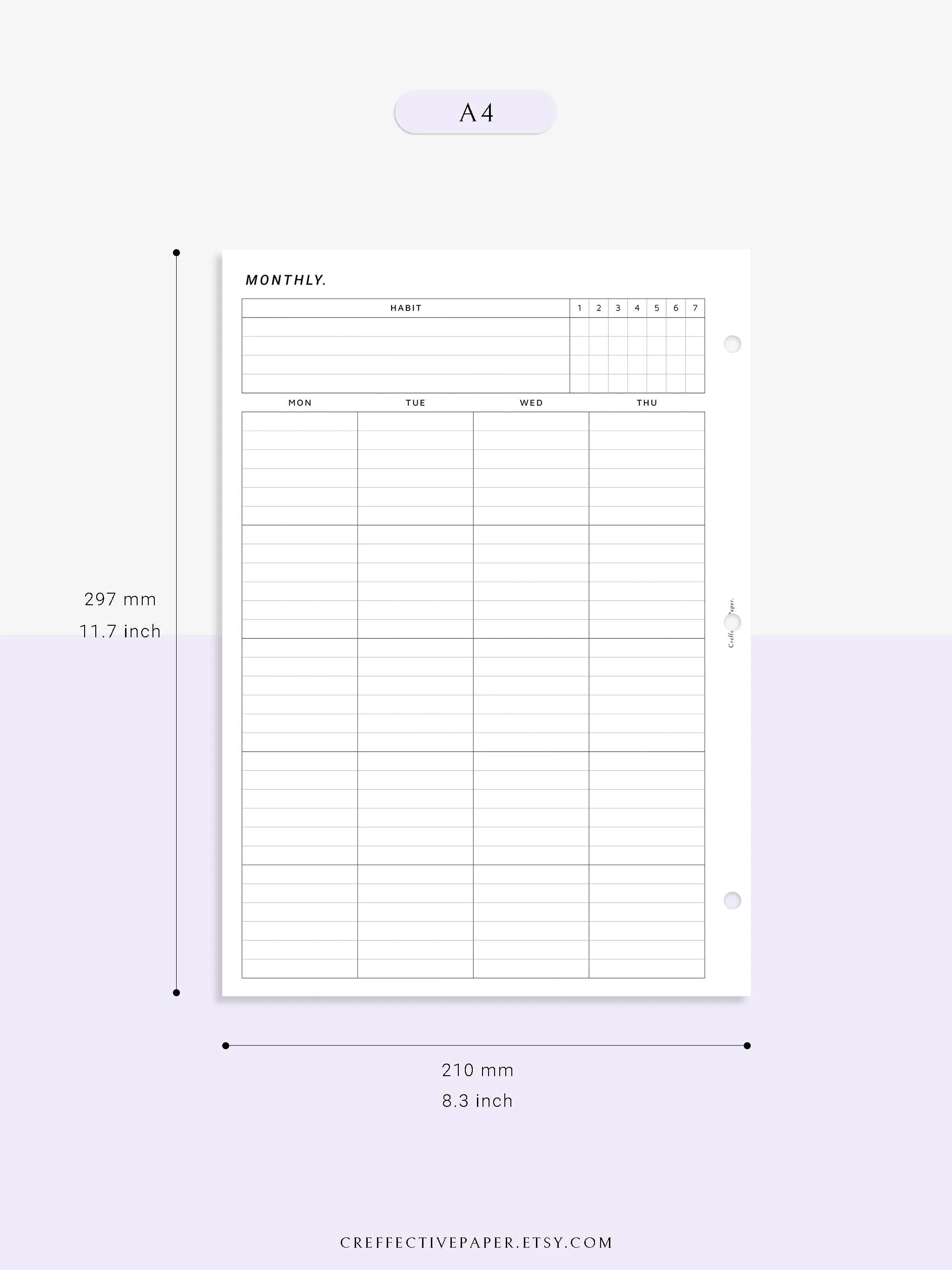 M106_L | Monthly Planner with 31 Days Habit Tracker Printable Inserts