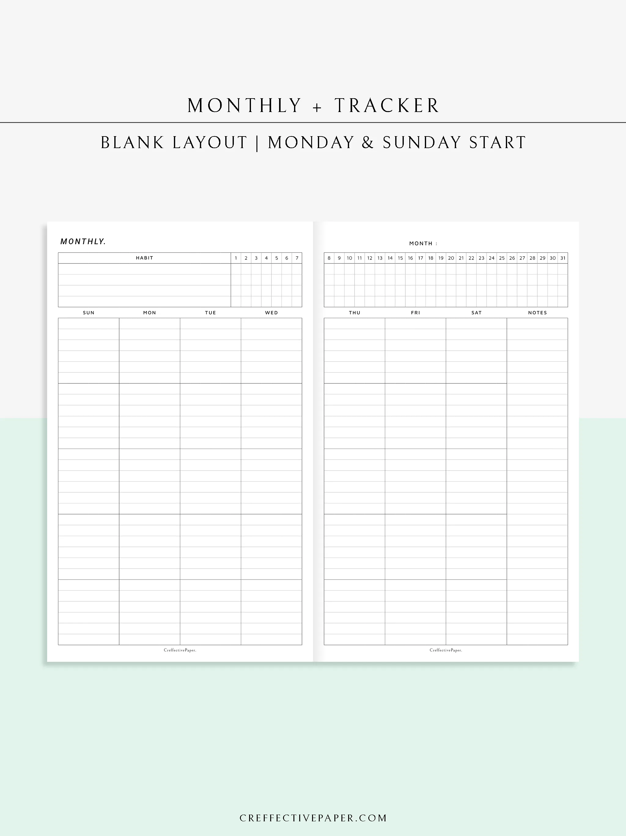 M106_L | Monthly Planner with 31 Days Habit Tracker Printable Inserts