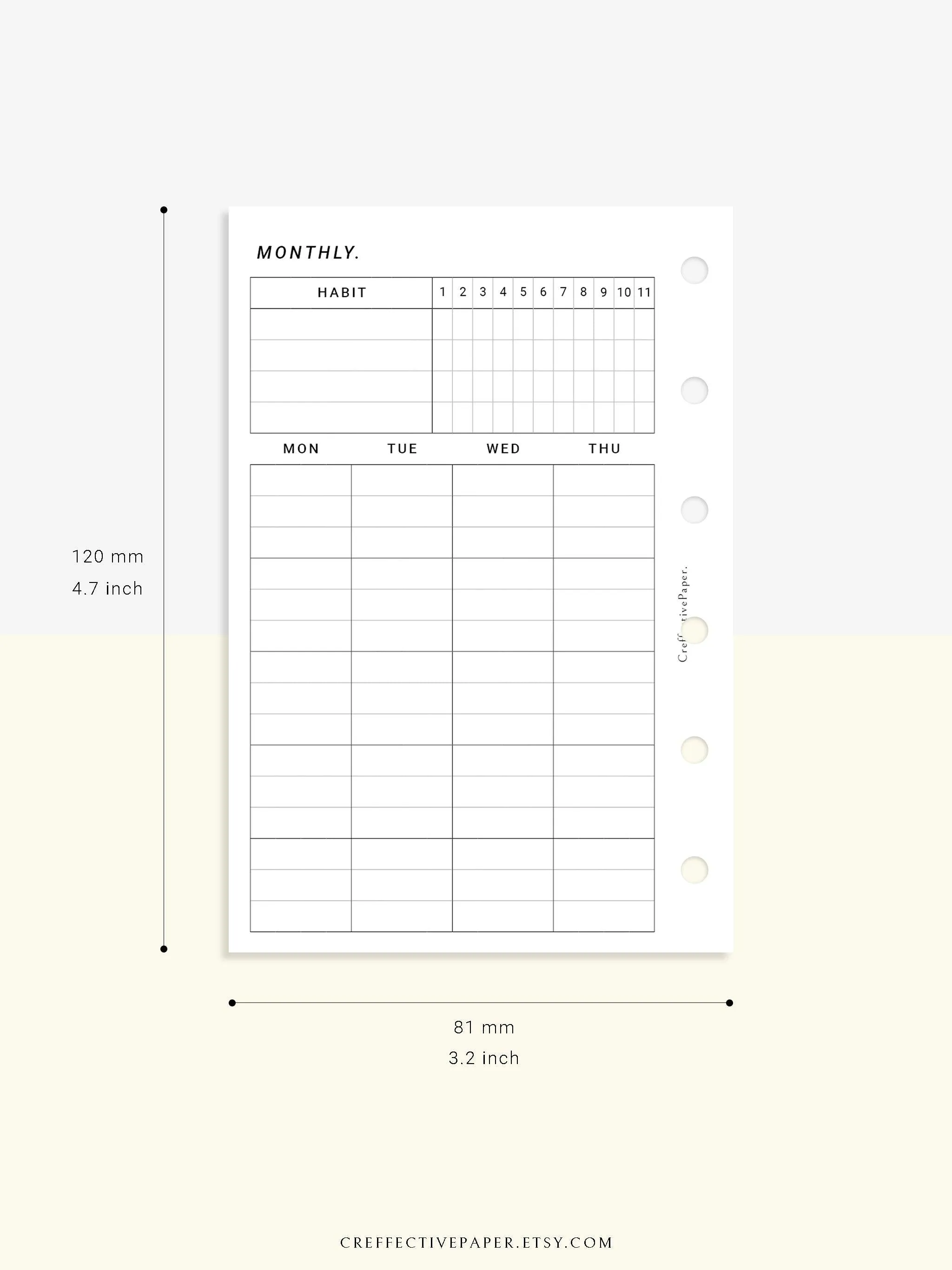 M106_L | Monthly Planner with 31 Days Habit Tracker Printable Inserts