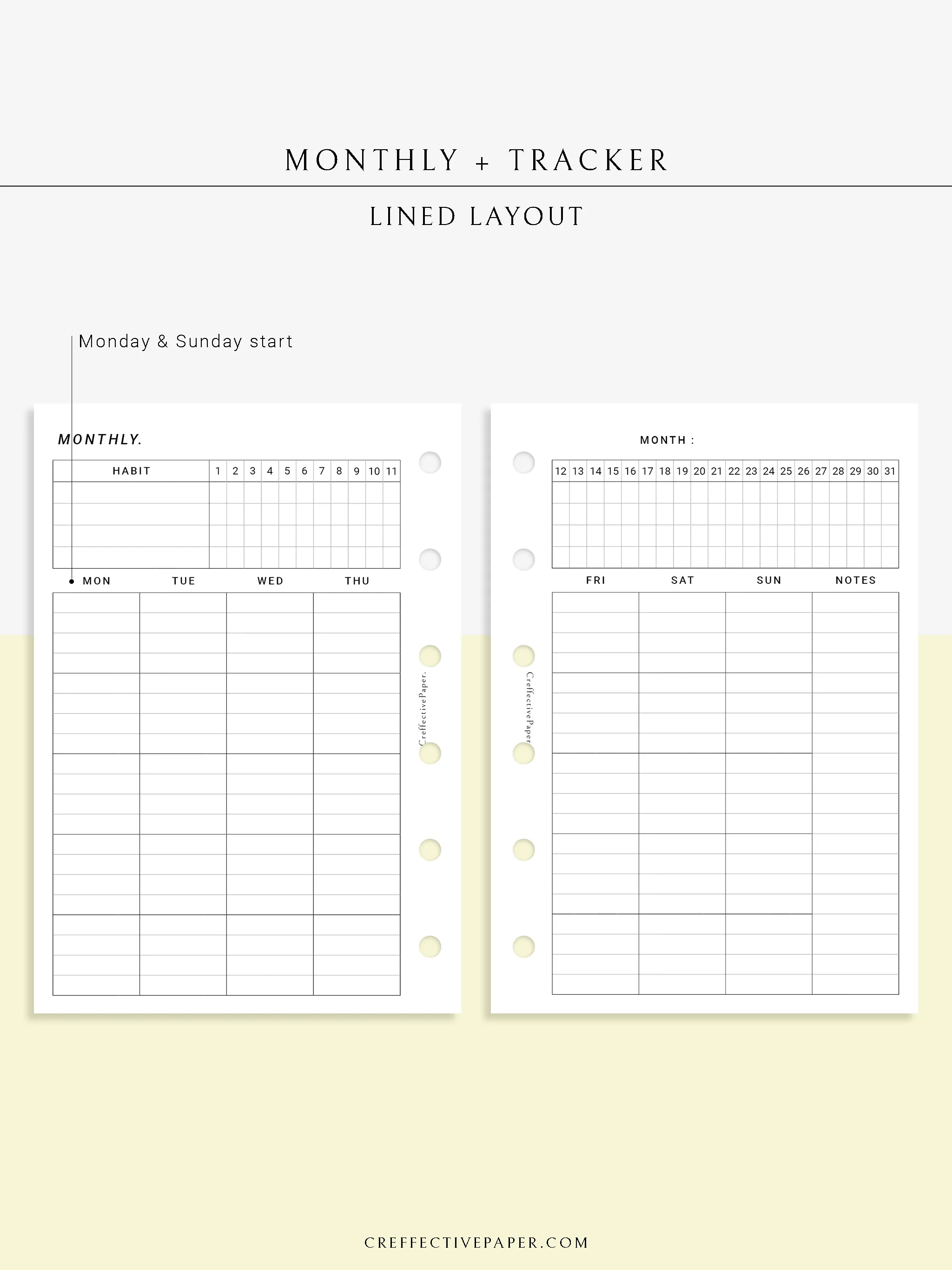 M106_L | Monthly Planner with 31 Days Habit Tracker Printable Inserts