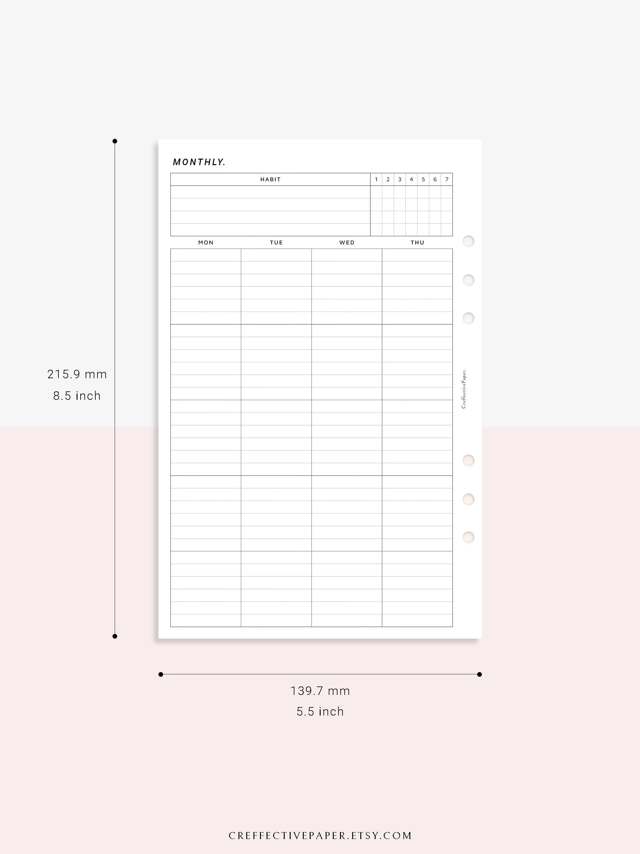 M106_L | Monthly Planner with 31 Days Habit Tracker Printable Inserts