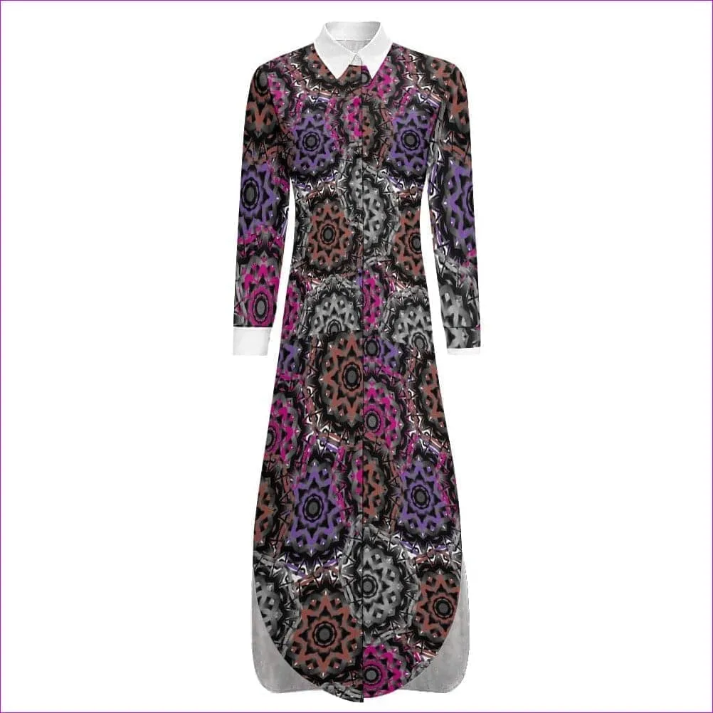 Mandala Graffiti Button Neck Long Sleeve Shirt Dress