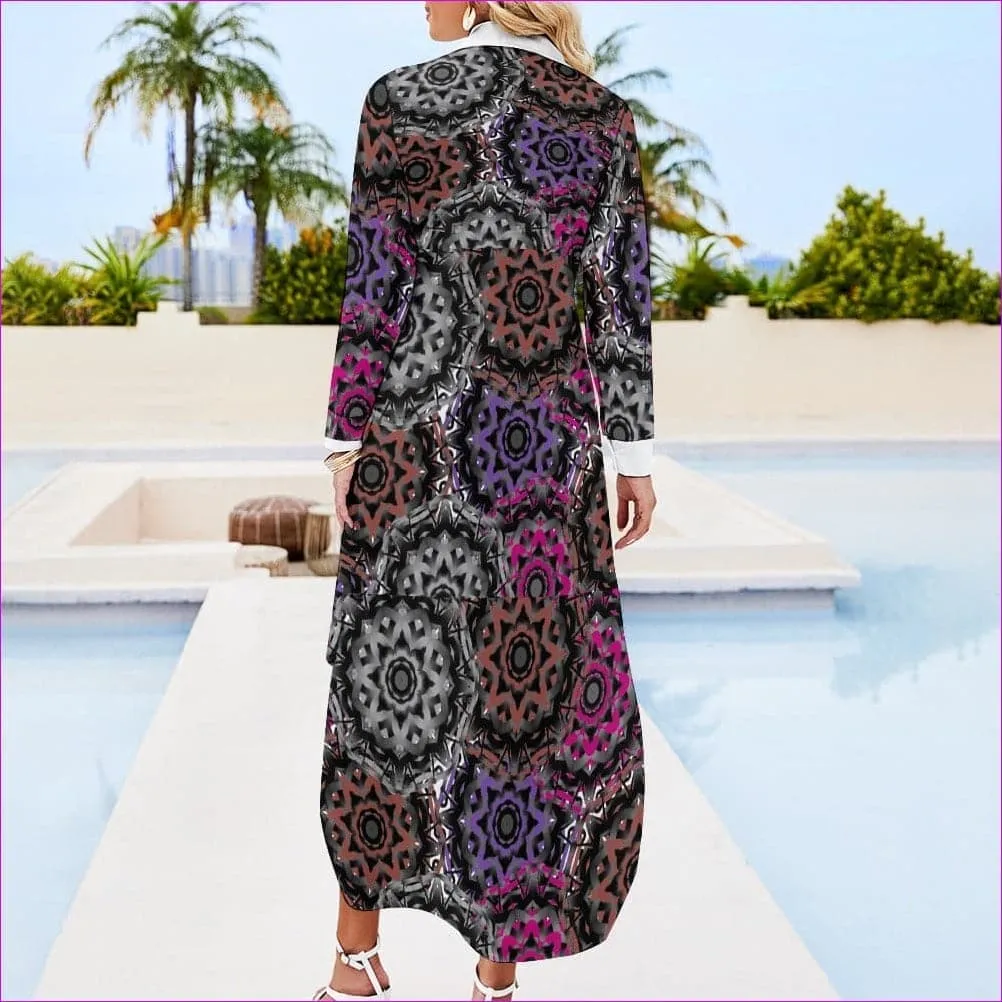 Mandala Graffiti Button Neck Long Sleeve Shirt Dress