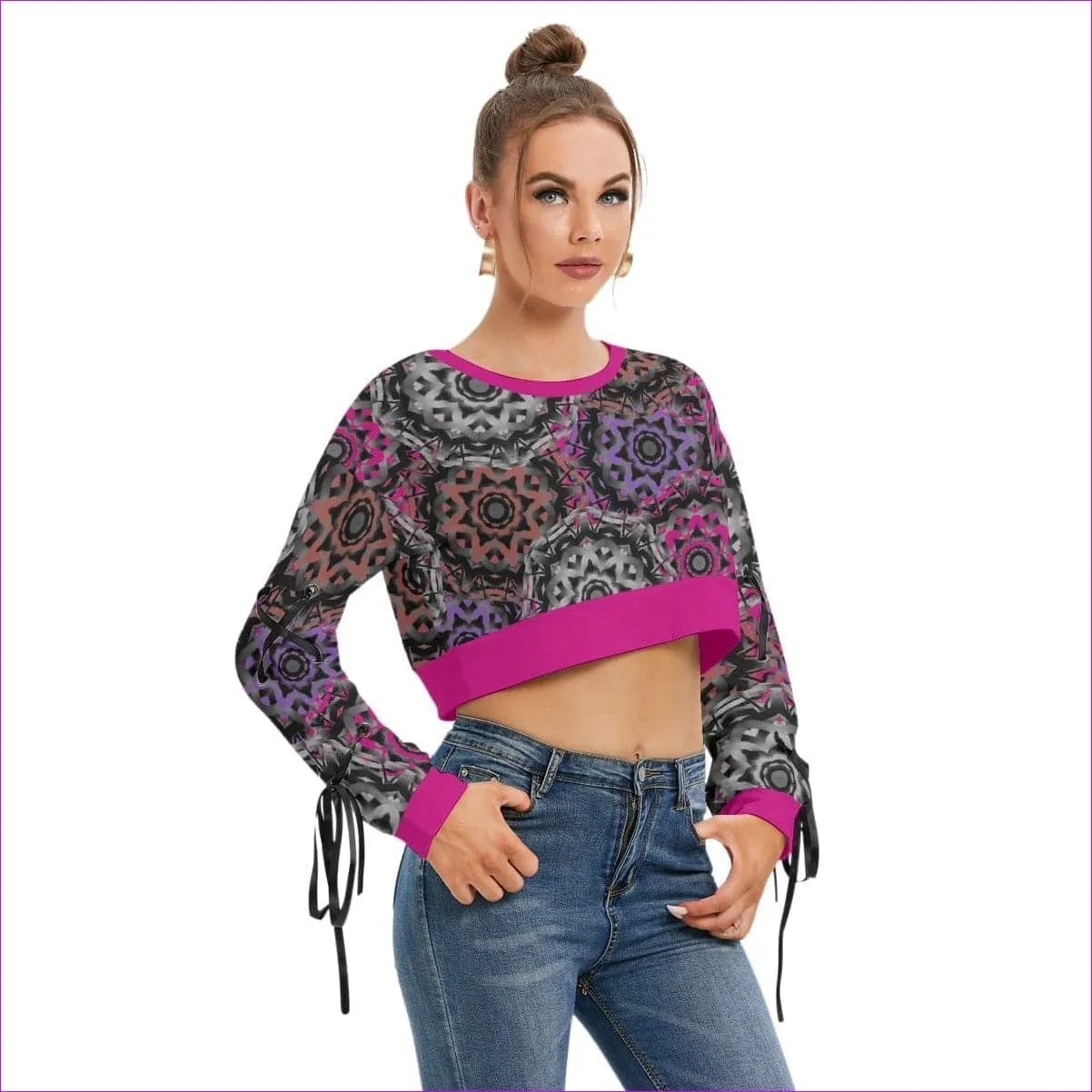 Mandala Graffiti Womens Long Lace Up Sleeve Cropped Sweatshirt