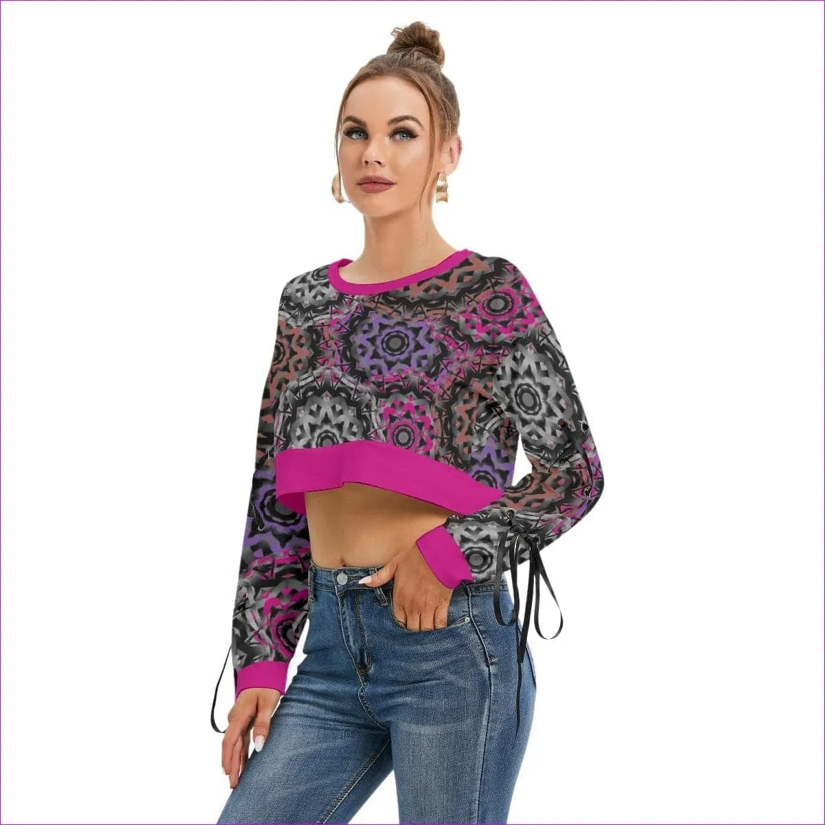 Mandala Graffiti Womens Long Lace Up Sleeve Cropped Sweatshirt