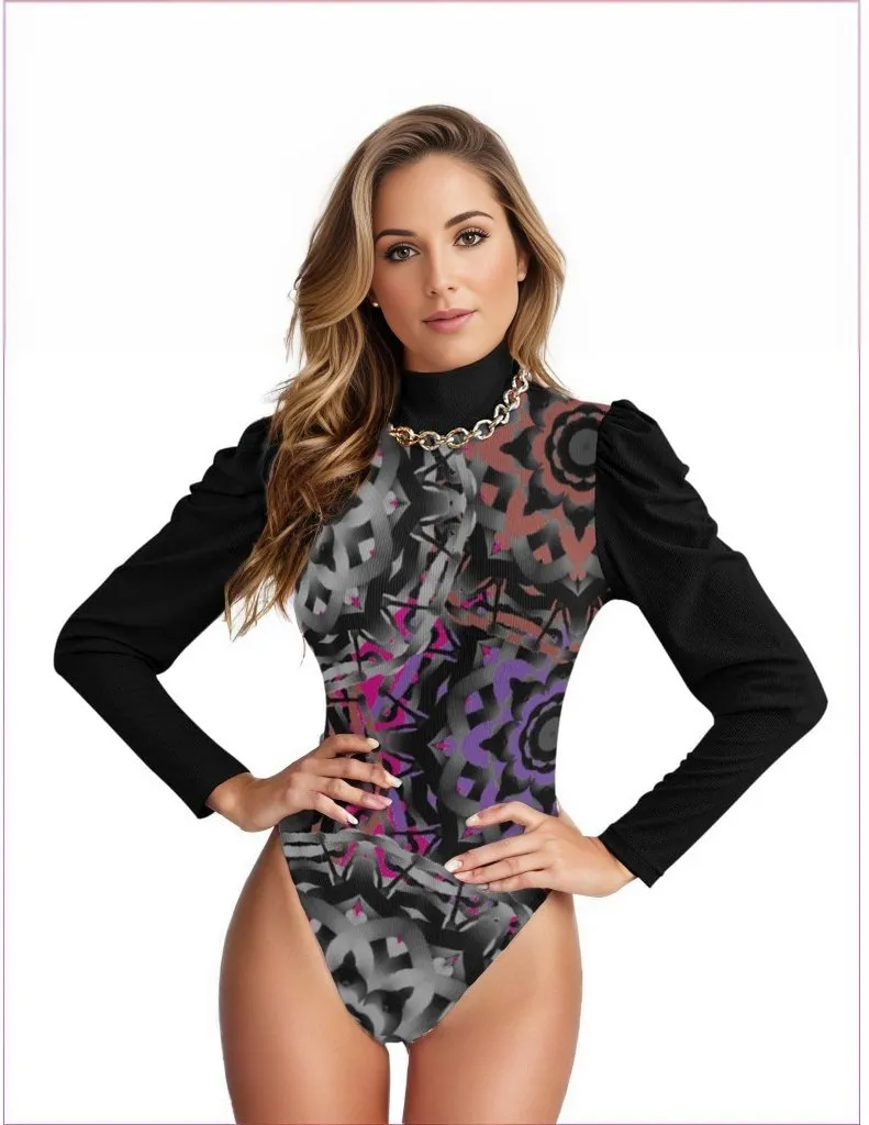 Mandala Graffiti Womens Turtleneck Bodysuit With Puff Sleeve