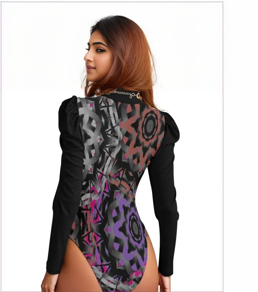 Mandala Graffiti Womens Turtleneck Bodysuit With Puff Sleeve