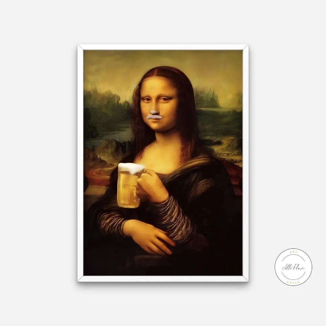 Mona Lisa Drinking Beer Poster PRINTABLE WALL ART, Mona Lisa Poster, Beer Lover Gift, Mona Lisa Pop Art Print, Renaissance Portrait, Altered Painting