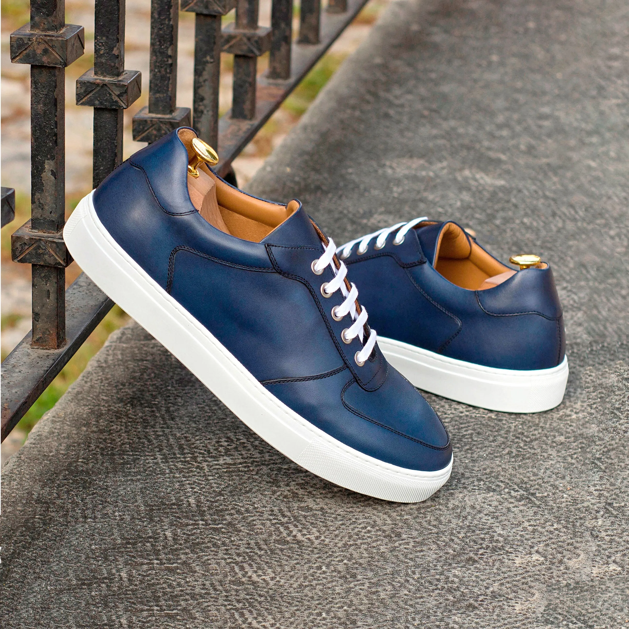 Navy Painted Calf Low-Top Sneakers