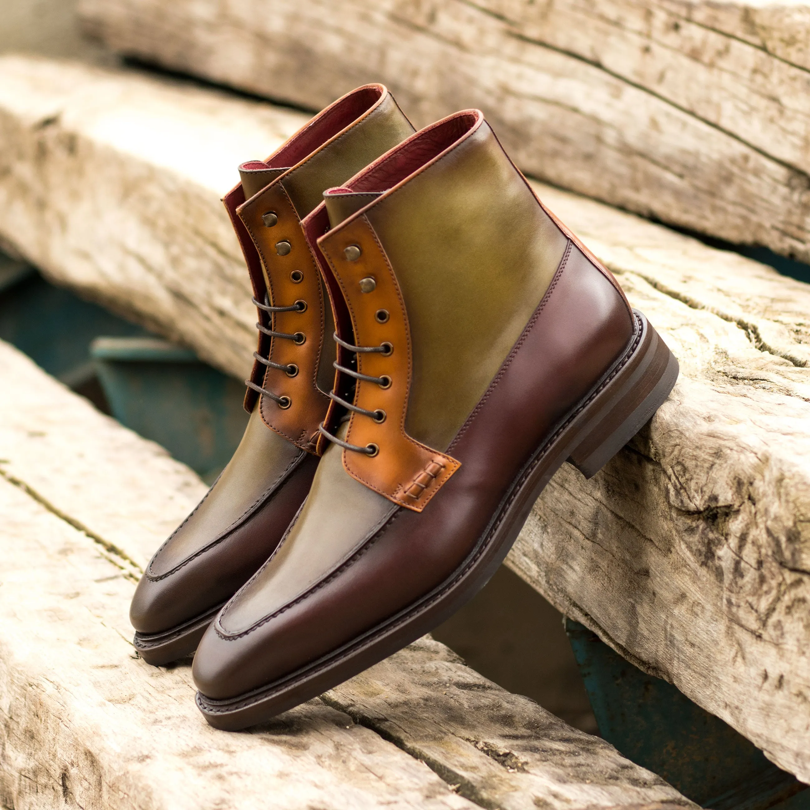 Painted Calf Leather Moc-Toe Boots