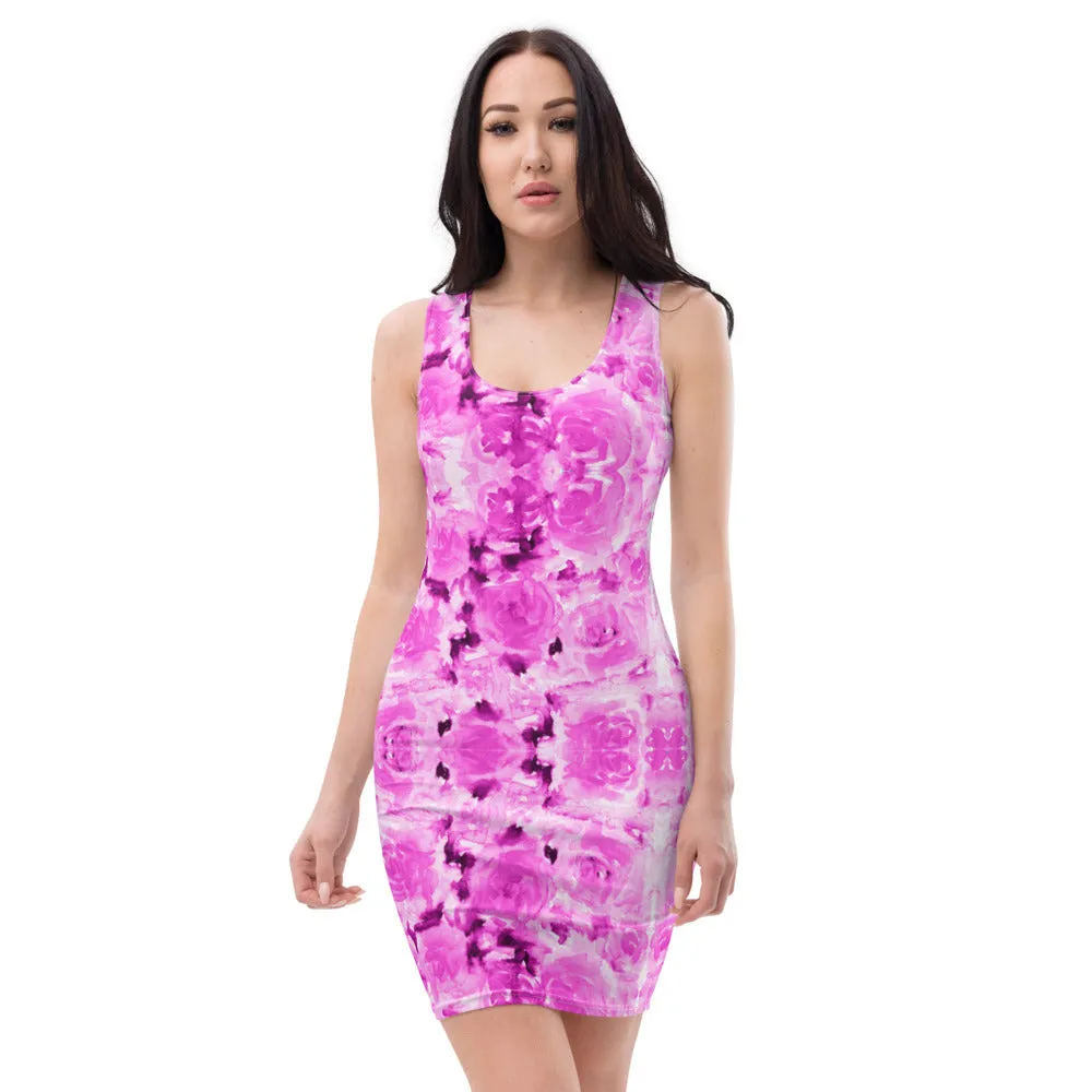 Pink Abstract Floral Rose Dress, Flower Rosy Pink Designer Women's Dress-Made in USA/EU