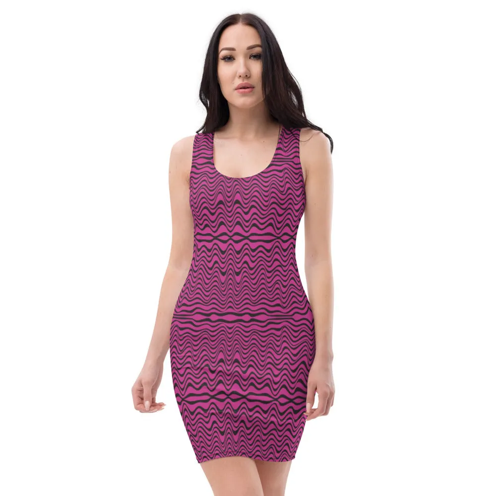 Pink Black Wavy Sleeveless Dress, Abstract Waves Designer 1-pc Women's Dress - Made in USA/EU/MX