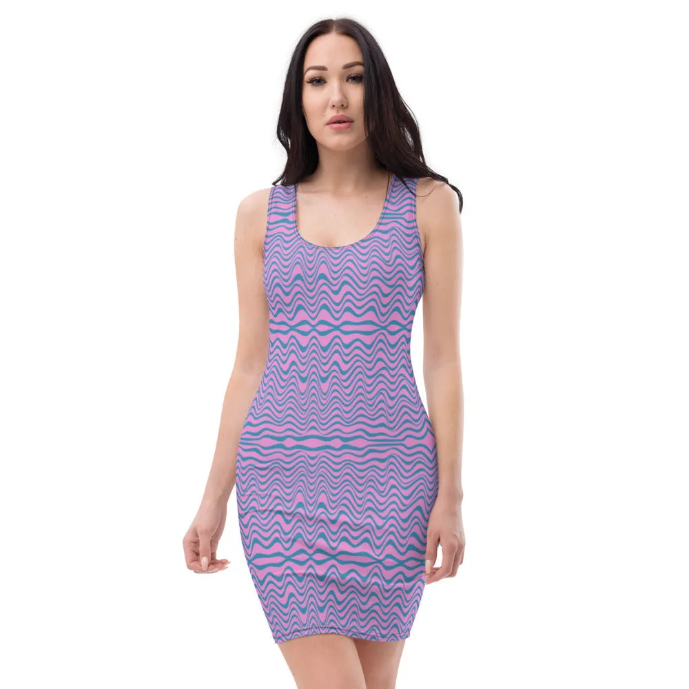 Pink Blue Wavy Women's Dress, Abstract Waves Designer 1-pc Women's Dress - Made in USA/EU/MX