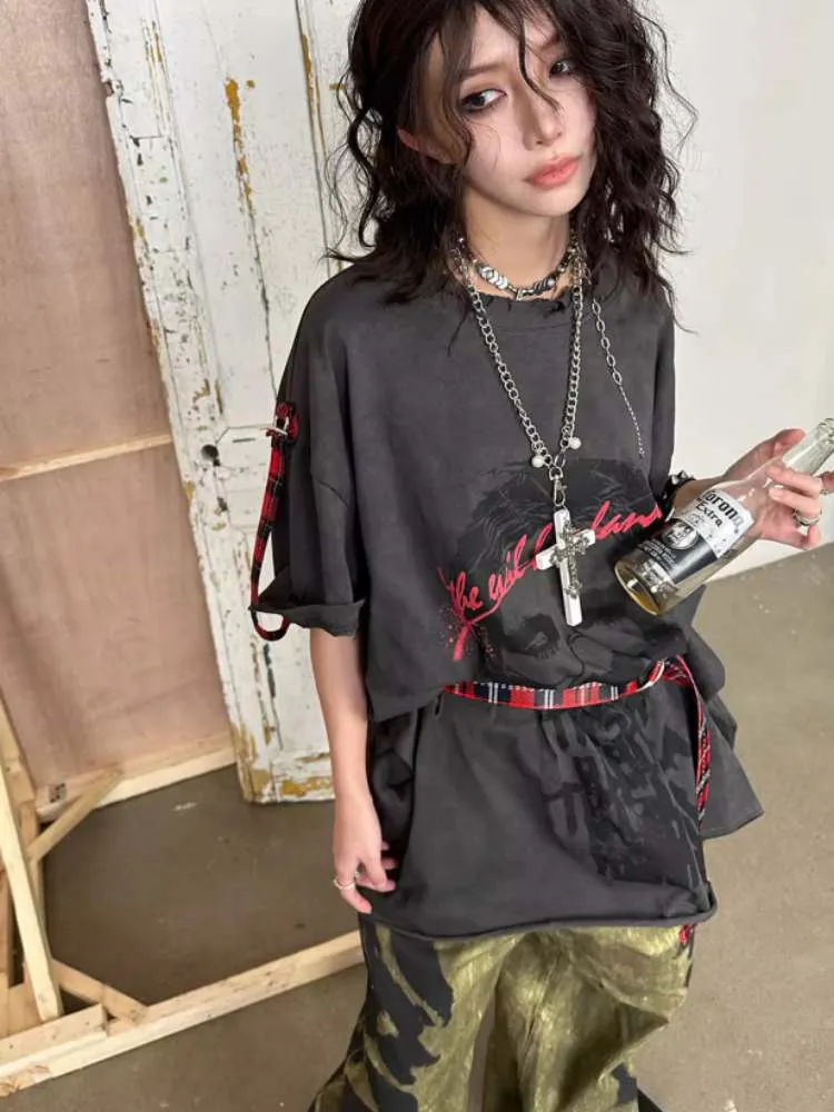 Plaid Belt Batik Graffiti Print Raw Edge Tee【s0000008308】