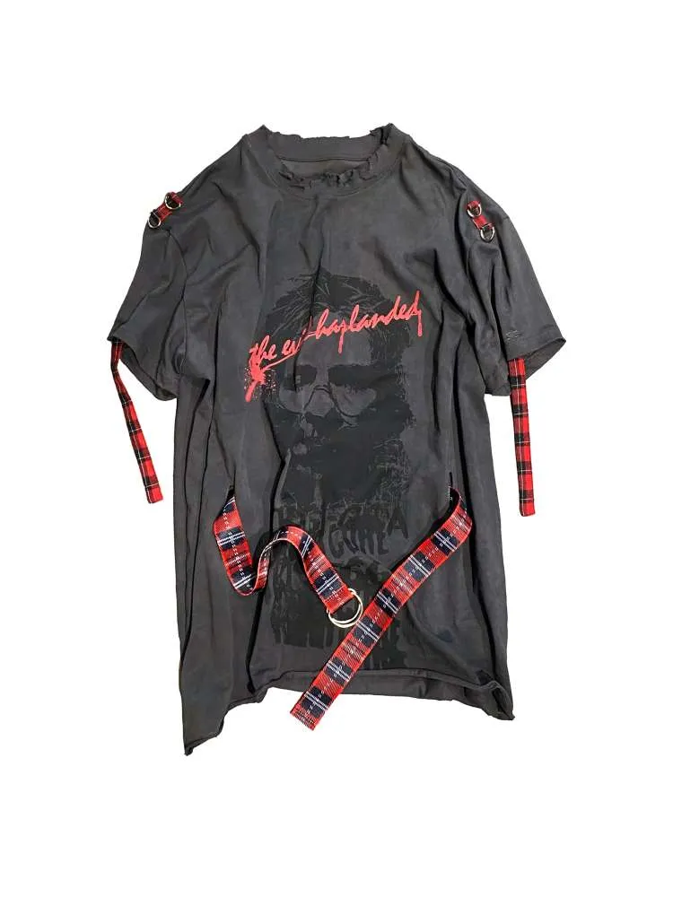 Plaid Belt Batik Graffiti Print Raw Edge Tee【s0000008308】