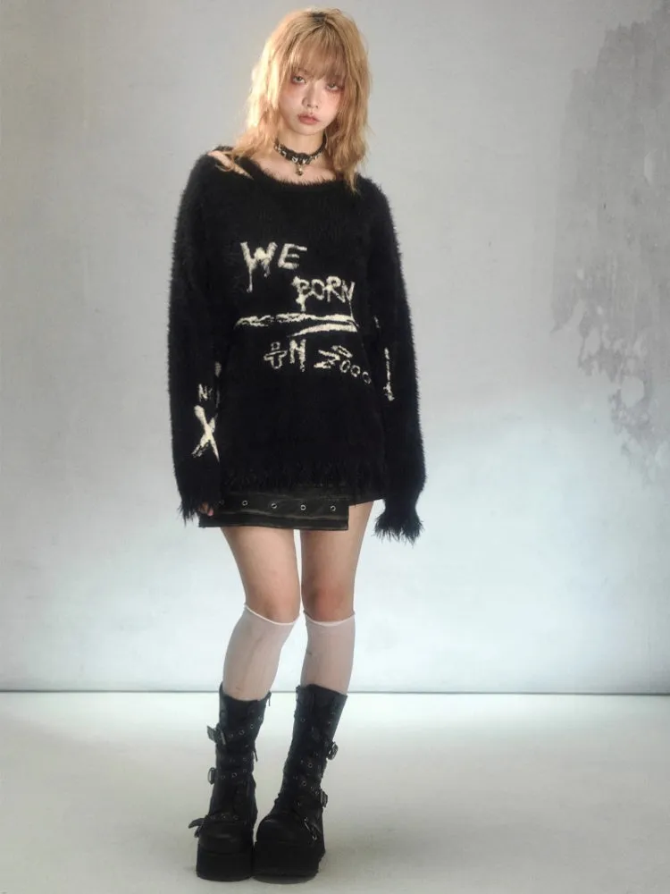 Punk Graffiti Jacquard Mink Lazy Pullover Sweater Black【s0000003881】