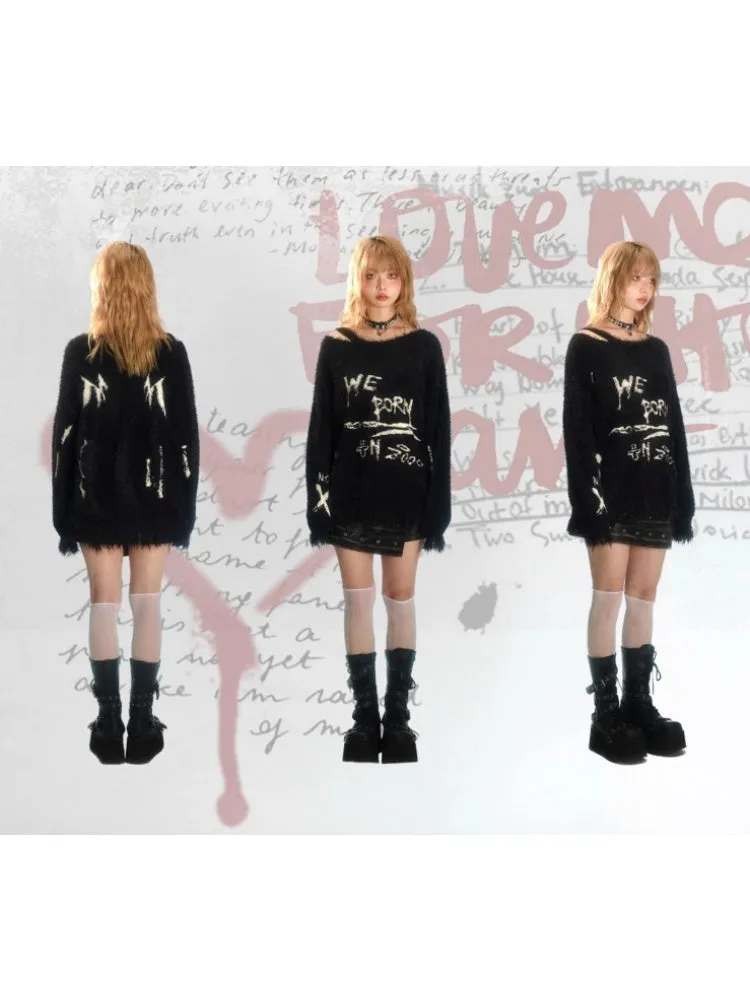 Punk Graffiti Jacquard Mink Lazy Pullover Sweater Black【s0000003881】