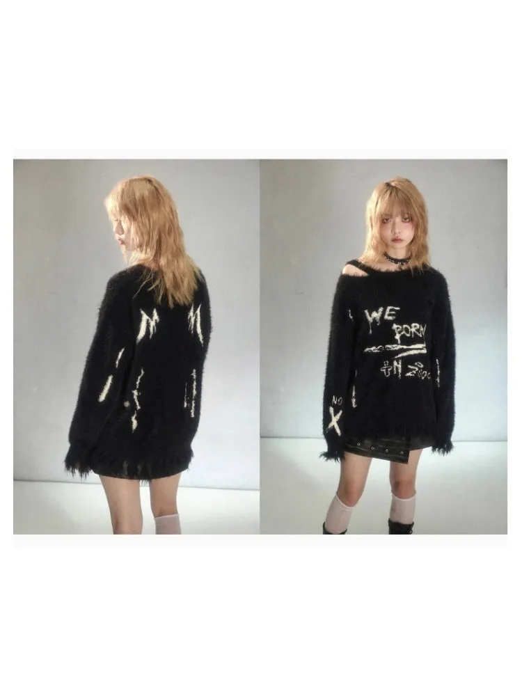 Punk Graffiti Jacquard Mink Lazy Pullover Sweater Black【s0000003881】