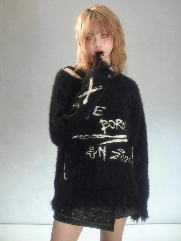 Punk Graffiti Jacquard Mink Lazy Pullover Sweater Black【s0000003881】