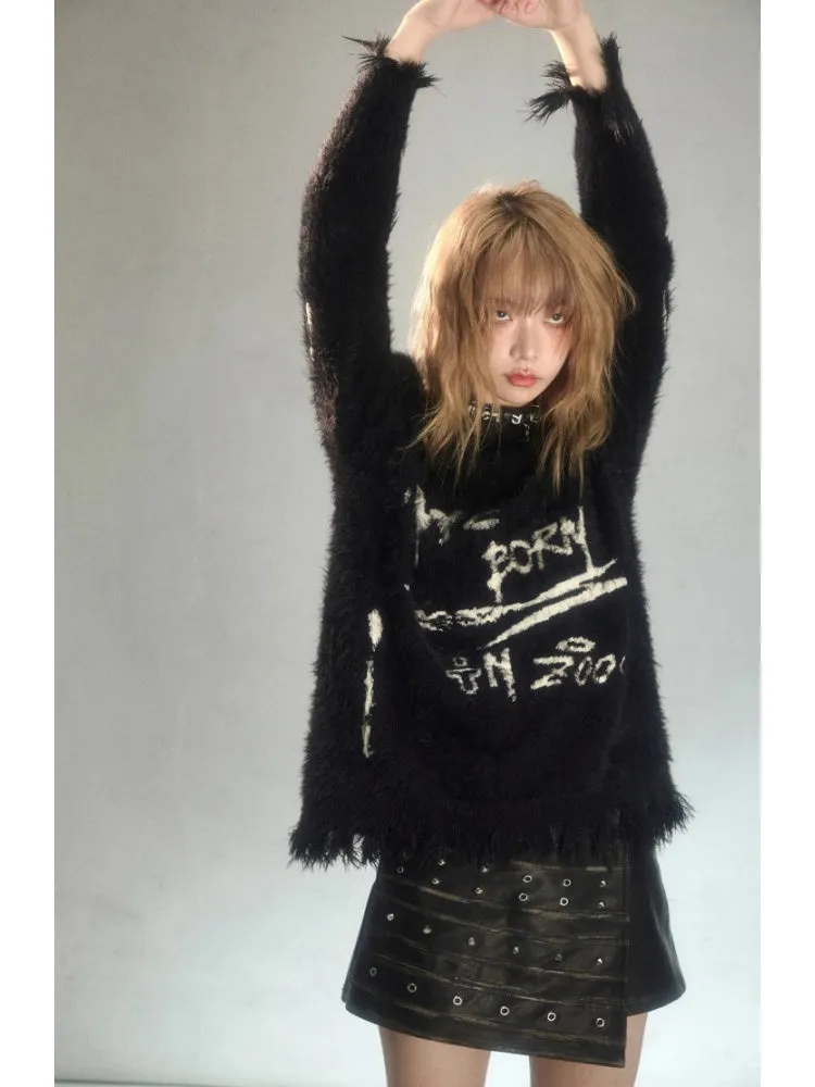 Punk Graffiti Jacquard Mink Lazy Pullover Sweater Black【s0000003881】