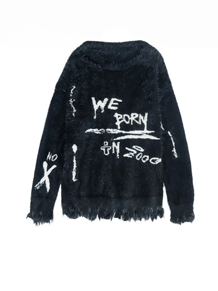 Punk Graffiti Jacquard Mink Lazy Pullover Sweater Black【s0000003881】