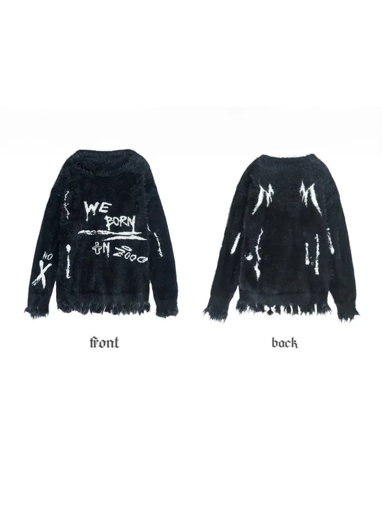 Punk Graffiti Jacquard Mink Lazy Pullover Sweater Black【s0000003881】