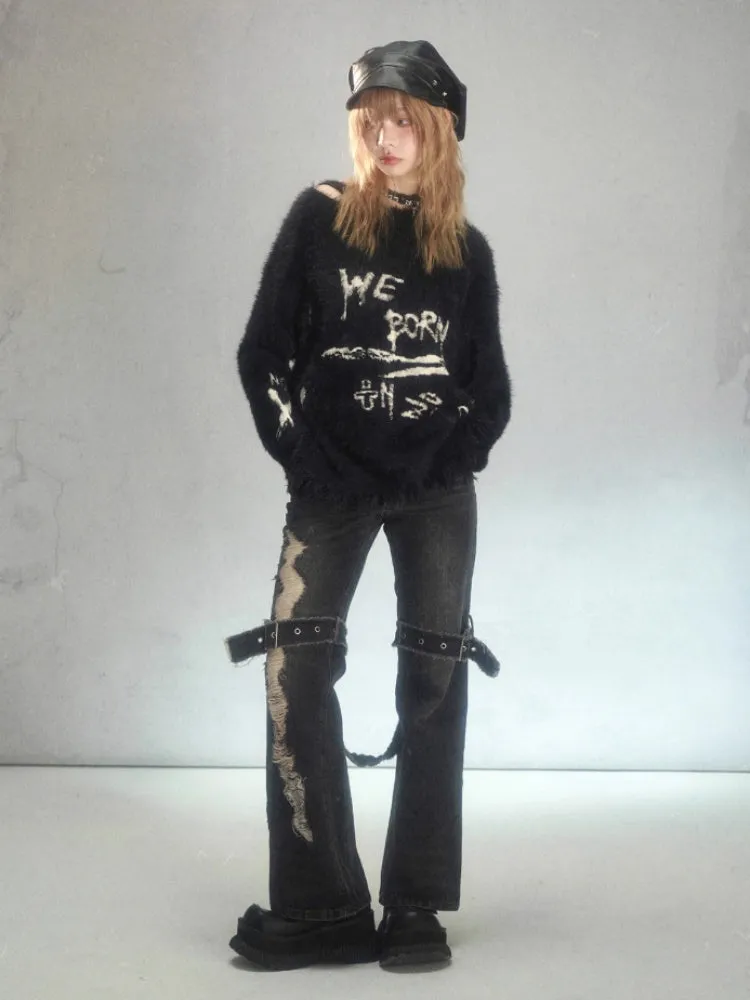 Punk Graffiti Jacquard Mink Lazy Pullover Sweater Black【s0000003881】