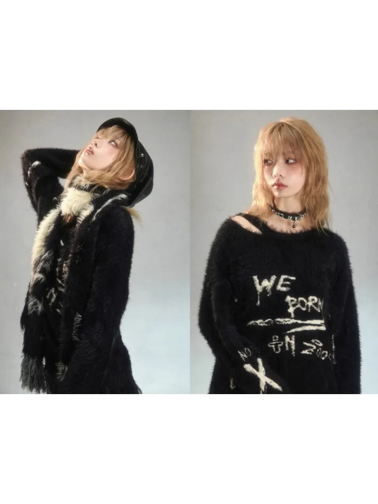 Punk Graffiti Jacquard Mink Lazy Pullover Sweater Black【s0000003881】