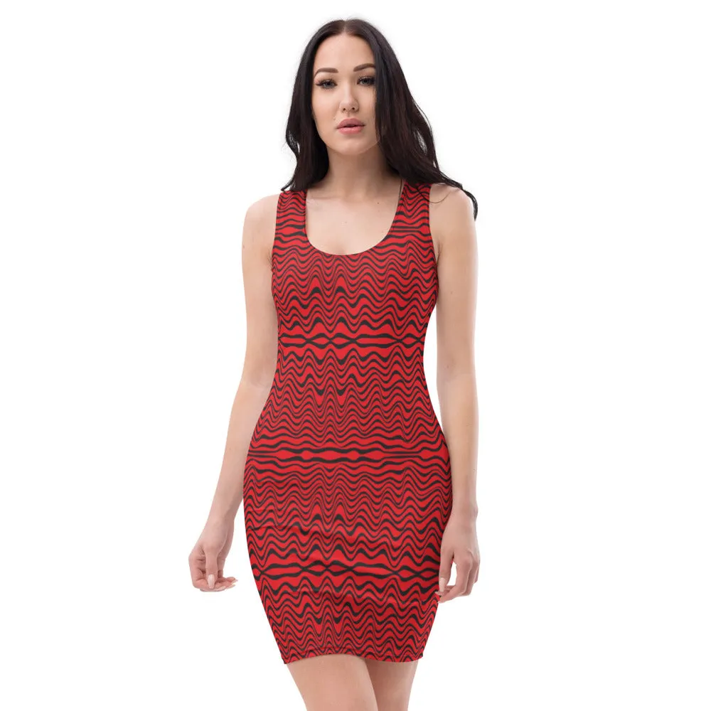 Red Black Wavy Dress, Abstract Waves Designer 1-pc Women's Dress - Made in USA/EU/MX