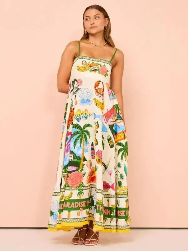 Sexy Sling Graffiti Polyester Printing Large Swing Dress