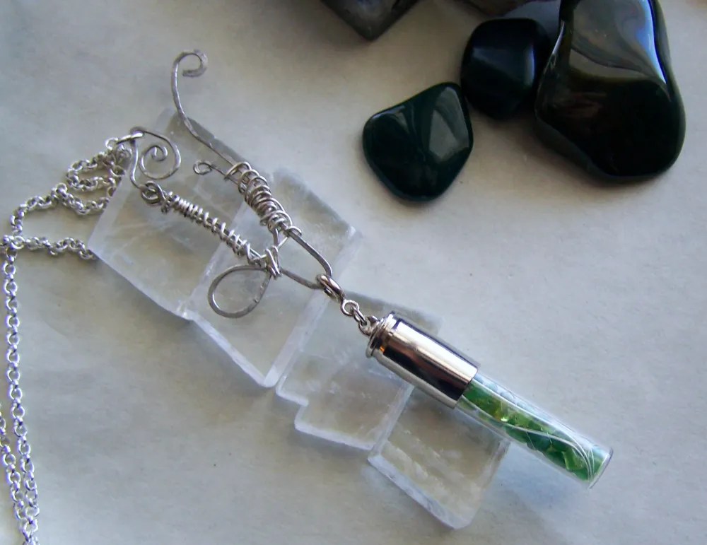 Silver Wire Abstract Cat with Gemstone Bullet Pendant