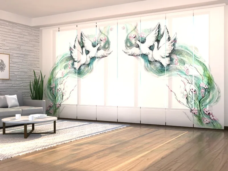 Sliding Panel Curtain Amazing Watercolors Doves and Flowers