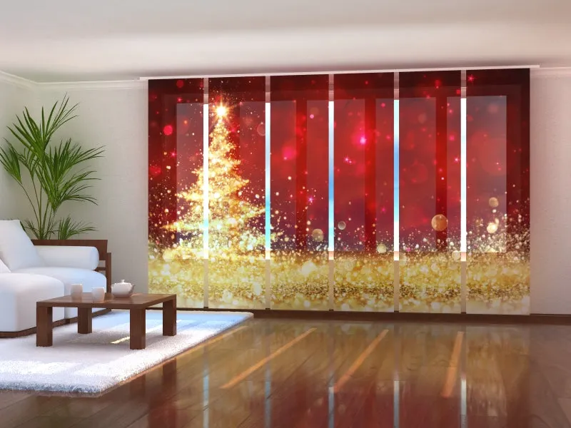 Sliding Panel Curtain Golden Shining Christmas Tree