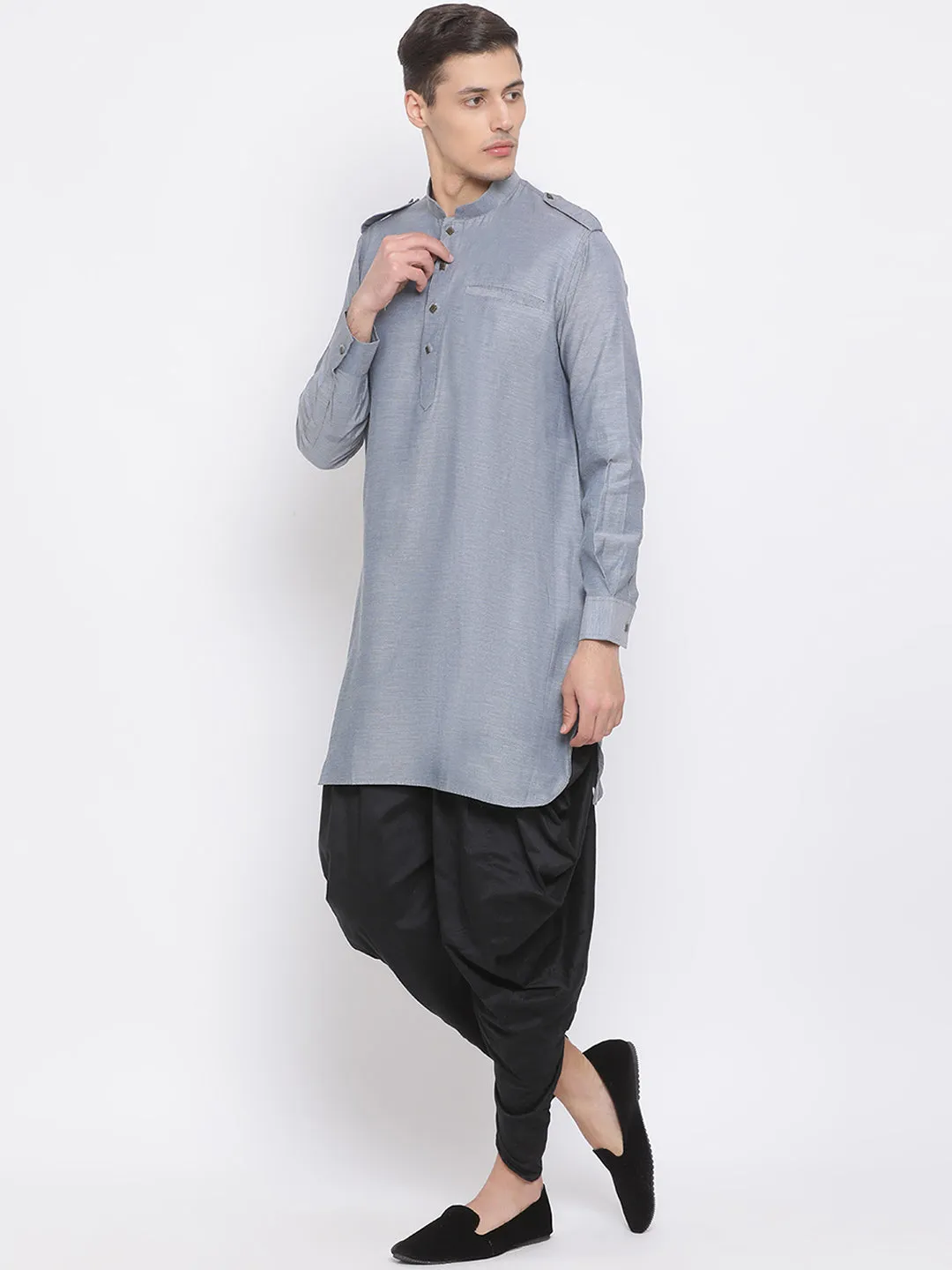 Vastramay Men's Grey Kurta and Dhoti