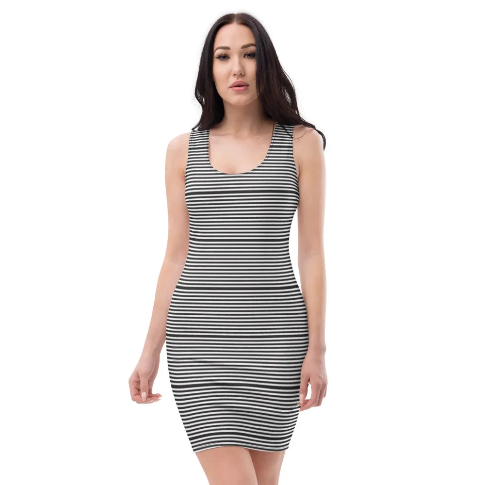 White Black Horizontally Striped Dress, Sleeveless 1-pc Designer Women's Stretchy Dress-Made in USA/EU