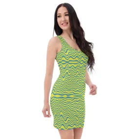 Yellow Blue Wavy Sleeveless Dress, Abstract Waves Designer 1-pc Women's Dress - Made in USA/EU/MX